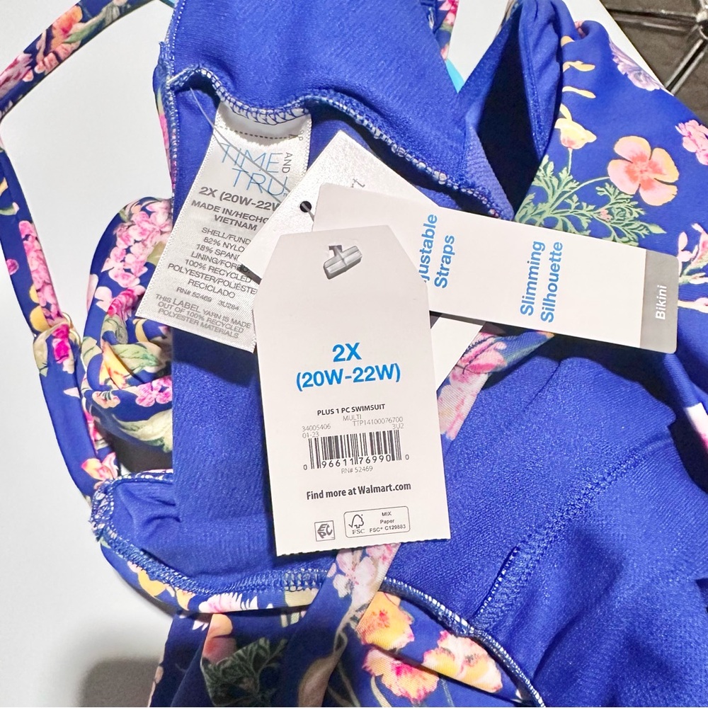 NWT Time and Tru Blue Tropical One Piece Swimsuit Plus Size 2X - Picture 7 of 7